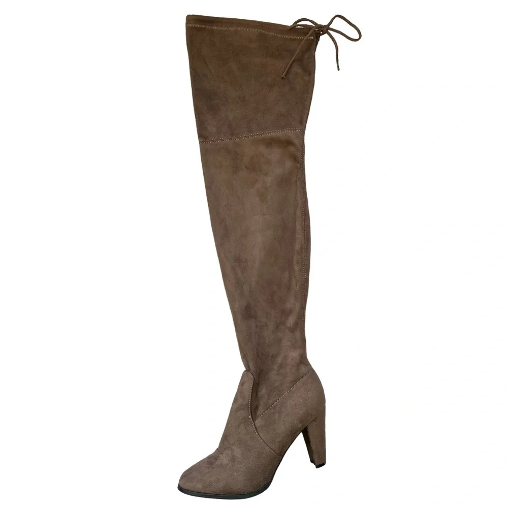 Sexy Thigh High Boots Chunky Heel Over Knee Suede Tie Brown Almond Toe Size 8.5